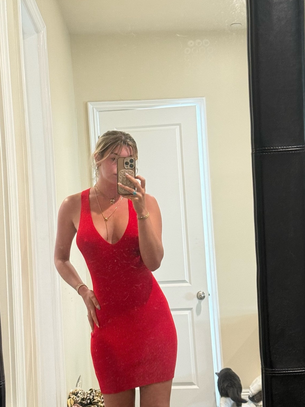 Red V-Neck Ribbed cross back body con Dress